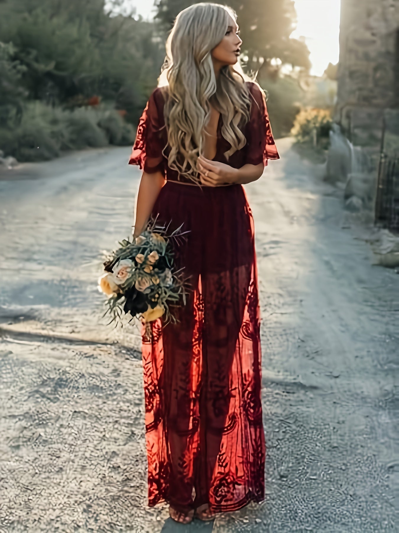 Stunning Split Hem Semi-Sheer Maxi Dress - Elegant V-Neck Short Sleeve Women's Dress for Spring & Summer Casual Occasions