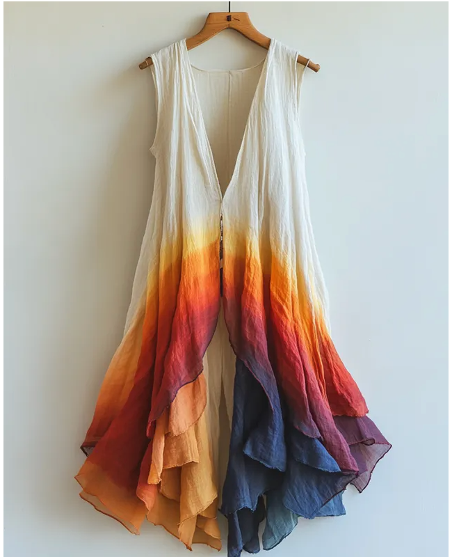 Boho ombre linen maxi dress in sunset gradient colors with layered hem