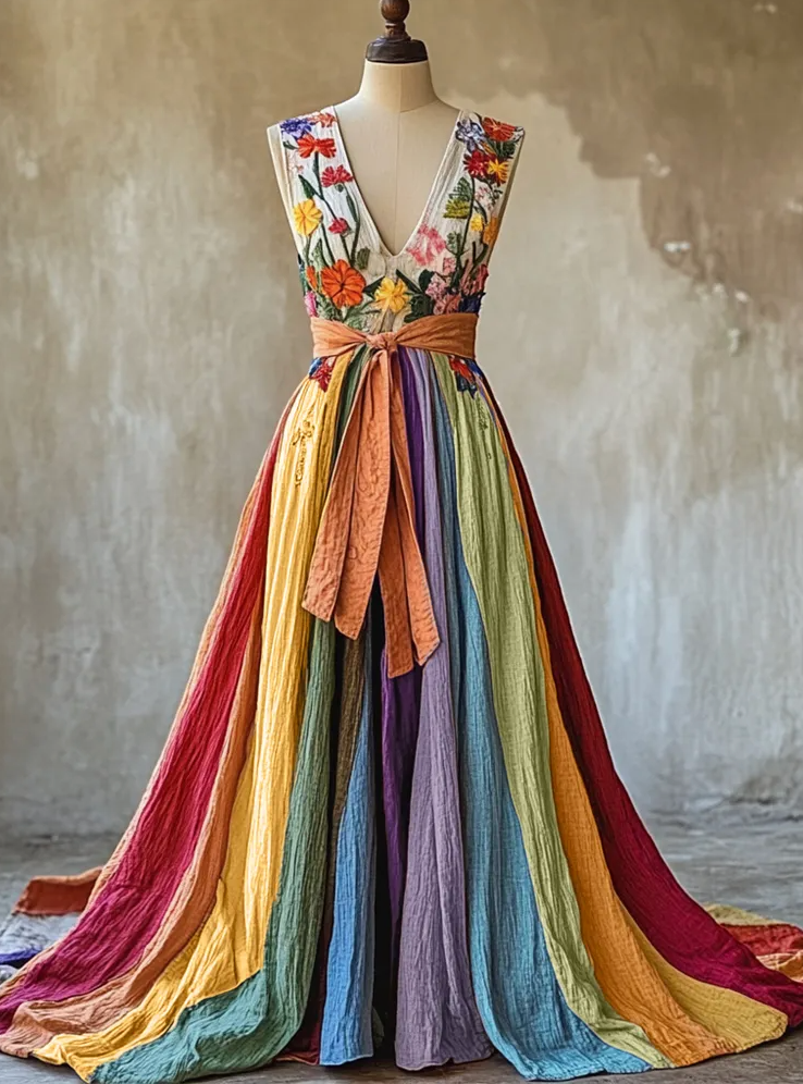 Boho rainbow linen maxi dress with floral embroidered bodice and colorblock skirt – summer festival style