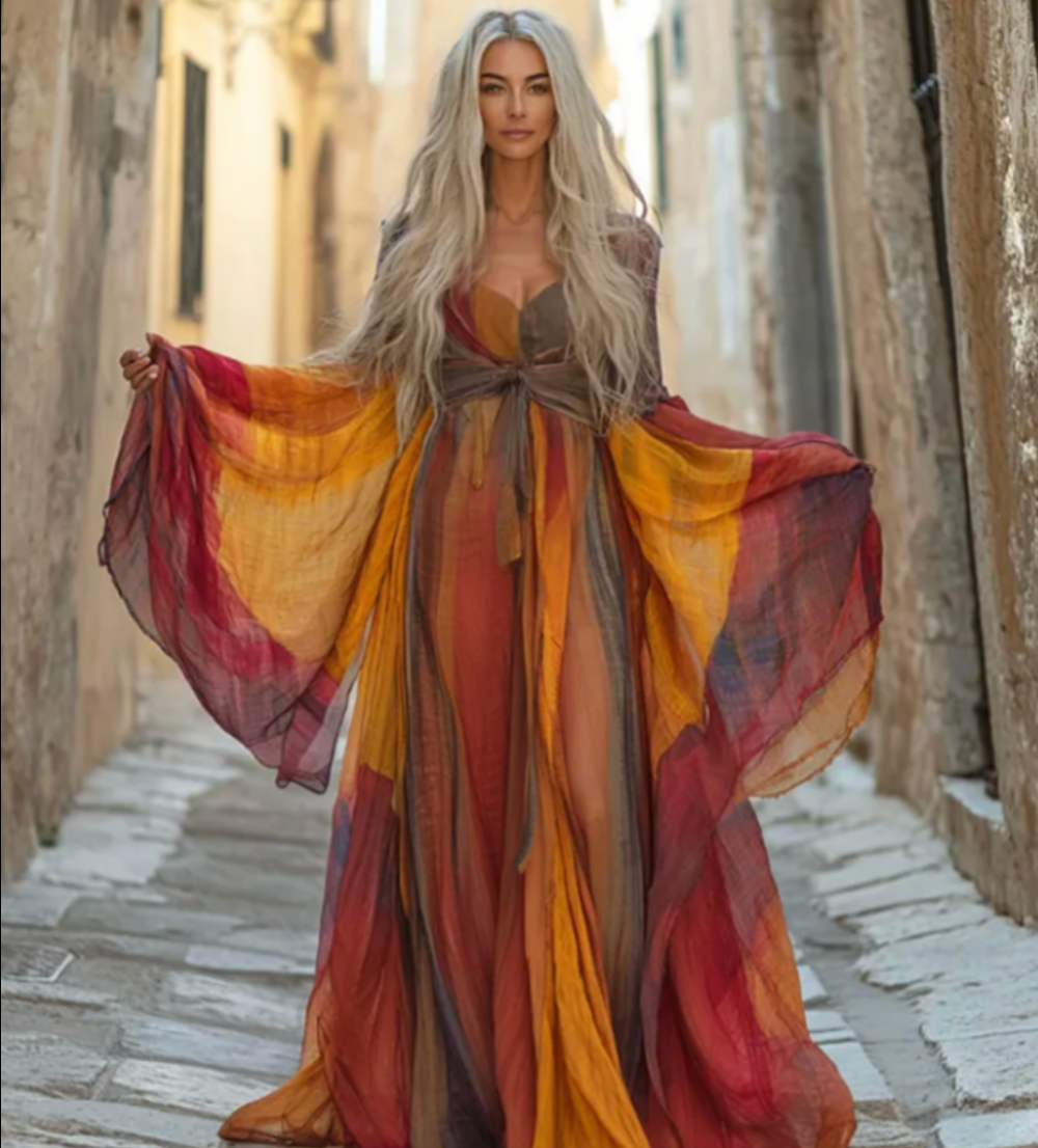 Boho sunset maxi dress with flowing patchwork linen
