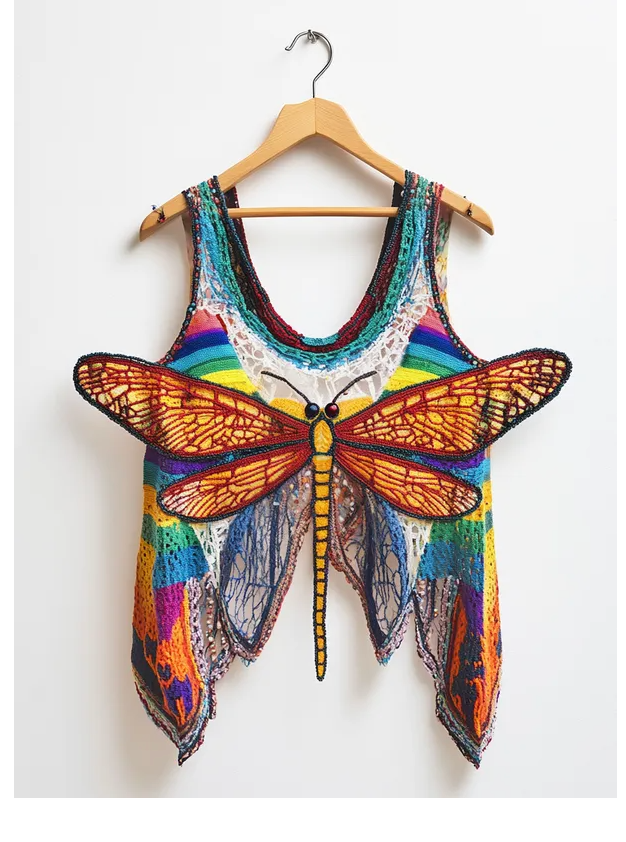 Rainbow knitted dragonfly summer crop top with boho festival style