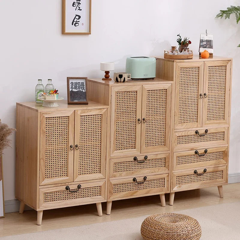 Natural Rattan Storage Cabinet - Wooden Multifunctional Side Cabinet with Retro Handles for Living Room, Kitchen, or Dining Area