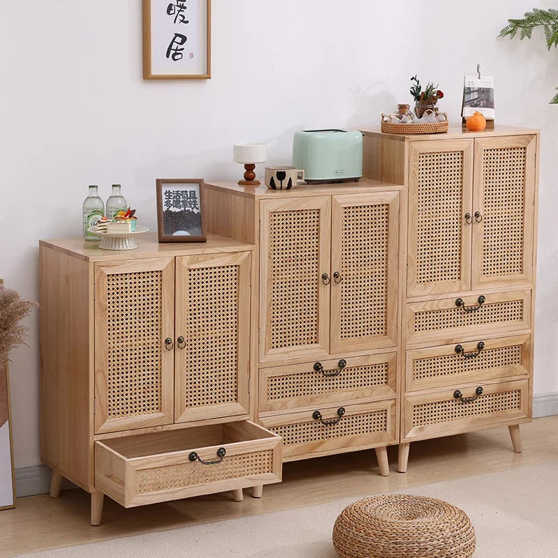 Natural Rattan Storage Cabinet - Wooden Multifunctional Side Cabinet with Retro Handles for Living Room, Kitchen, or Dining Area