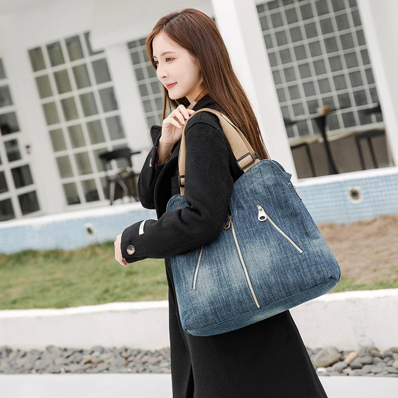 Women's Large Capacity Denim Tote Bag - Quality Light Blue Handbag, Luxury Ladies' Shoulder Purse