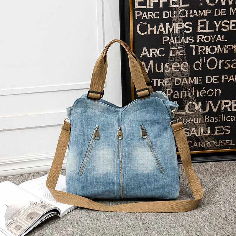 Women's Large Capacity Denim Tote Bag - Quality Light Blue Handbag, Luxury Ladies' Shoulder Purse