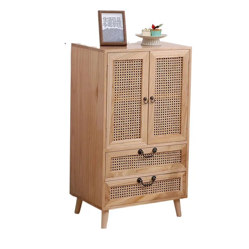 Natural Rattan Storage Cabinet - Wooden Multifunctional Side Cabinet with Retro Handles for Living Room, Kitchen, or Dining Area