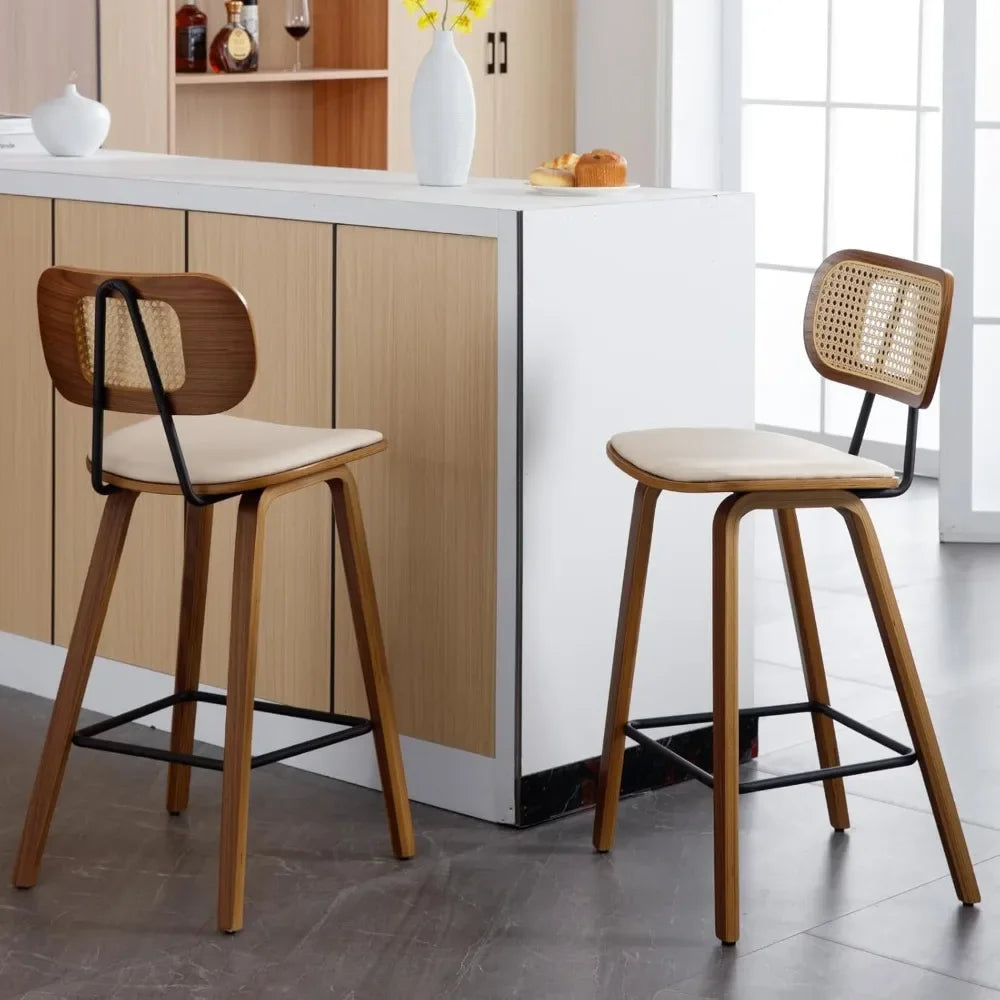 Set of 2 PU Leather Barstools - 26 Inch Armless Bar Chairs with Open Rattan Backrest & Wooden Legs for Kitchen Island or Dining Room