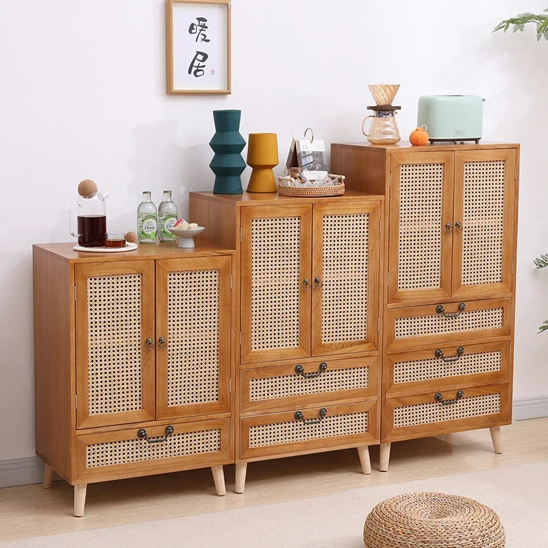 Natural Rattan Storage Cabinet - Wooden Multifunctional Side Cabinet with Retro Handles for Living Room, Kitchen, or Dining Area