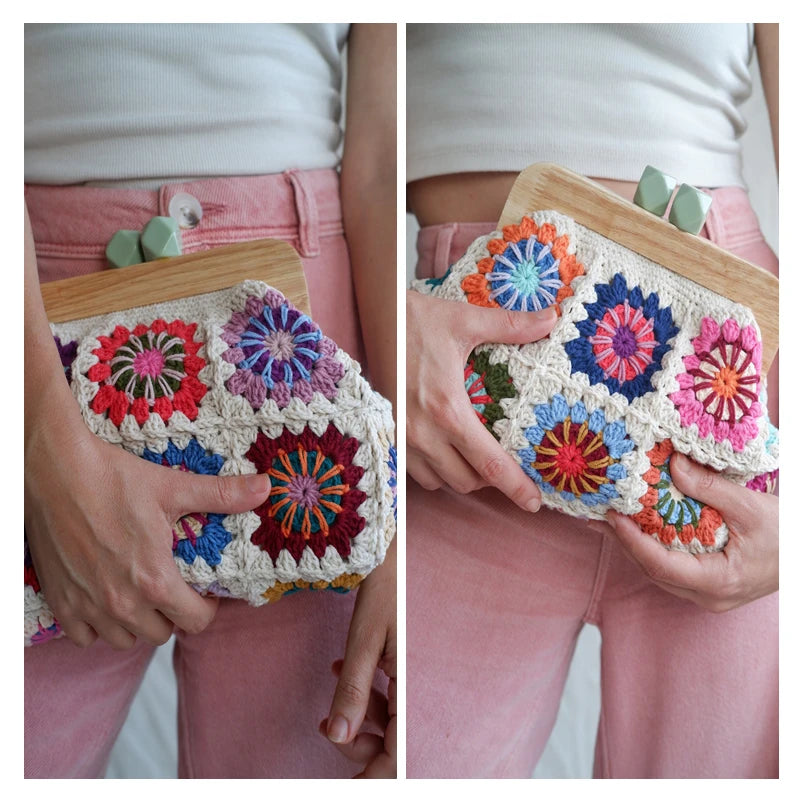 Crochet clutch boho chic granny square Gran handbag clasp purse woven Jacquard bag wholesale