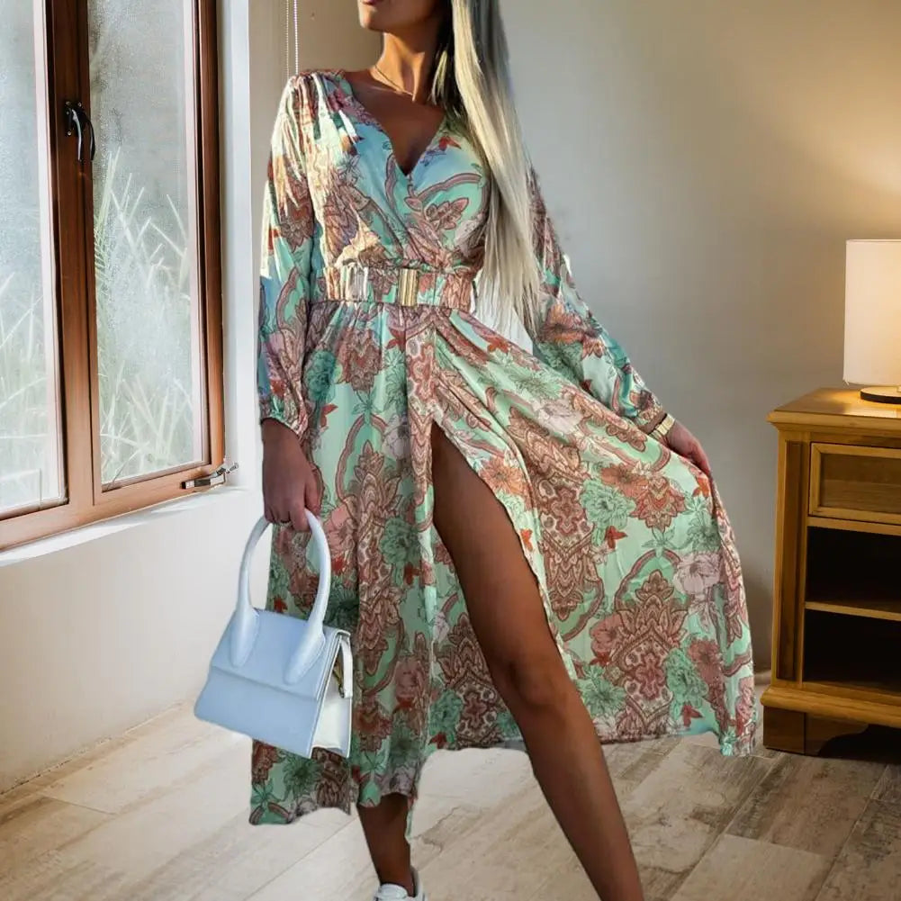 Sexy V-Neck Slit Midi Dress for Women - Elegant Long Sleeve Floral Print Lace-Up Spring/Summer Fashion