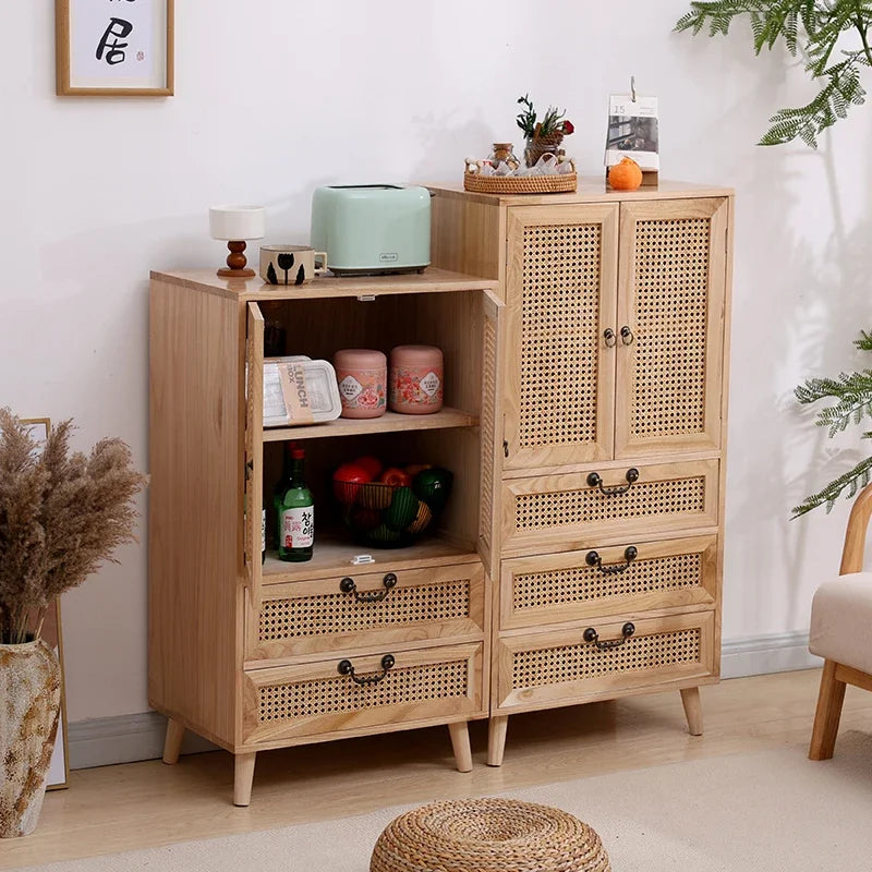 Natural Rattan Storage Cabinet - Wooden Multifunctional Side Cabinet with Retro Handles for Living Room, Kitchen, or Dining Area
