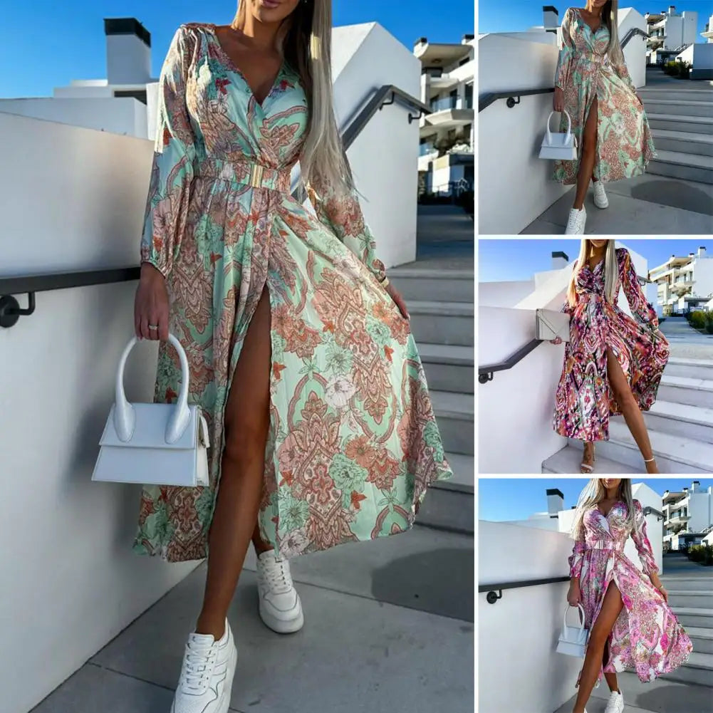 Sexy V-Neck Slit Midi Dress for Women - Elegant Long Sleeve Floral Print Lace-Up Spring/Summer Fashion