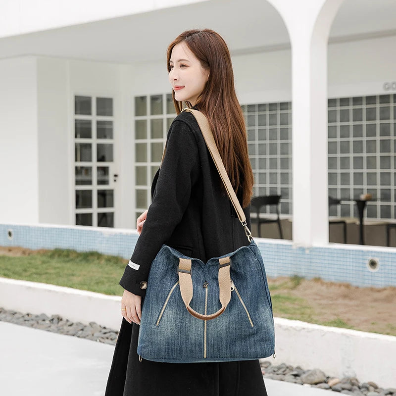 Women's Large Capacity Denim Tote Bag - Quality Light Blue Handbag, Luxury Ladies' Shoulder Purse