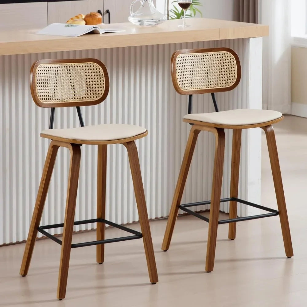 Set of 2 PU Leather Barstools - 26 Inch Armless Bar Chairs with Open Rattan Backrest & Wooden Legs for Kitchen Island or Dining Room