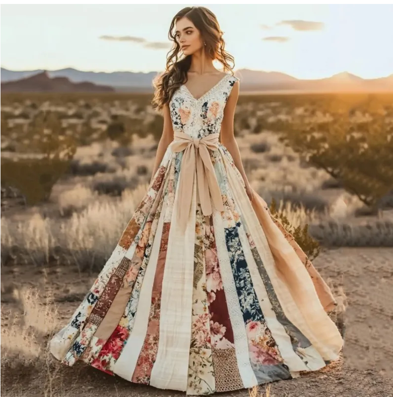Women’s bohemian patchwork maxi dress with flowing skirt and retro floral patterns