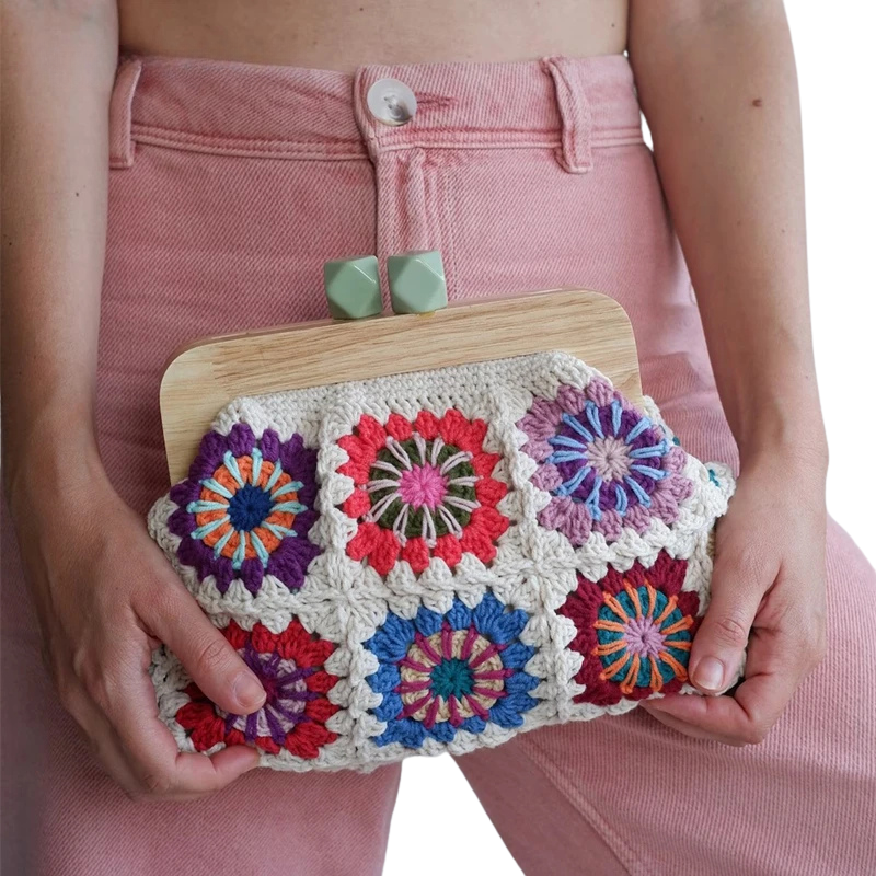 Crochet clutch boho chic granny square Gran handbag clasp purse woven Jacquard bag wholesale