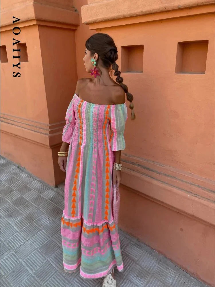 customized - Aoaiiys Dress for Women Spliced Print Pleated Casual Dresses 2024 Summer New Streetwear Elegant Female High Waist Loose Dress - Boho Eco Boutique™ - customized - Boho Eco Boutique™ - Pink - M -