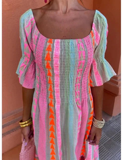 customized - Aoaiiys Dress for Women Spliced Print Pleated Casual Dresses 2024 Summer New Streetwear Elegant Female High Waist Loose Dress - Boho Eco Boutique™ - customized - Boho Eco Boutique™ - Pink - M -