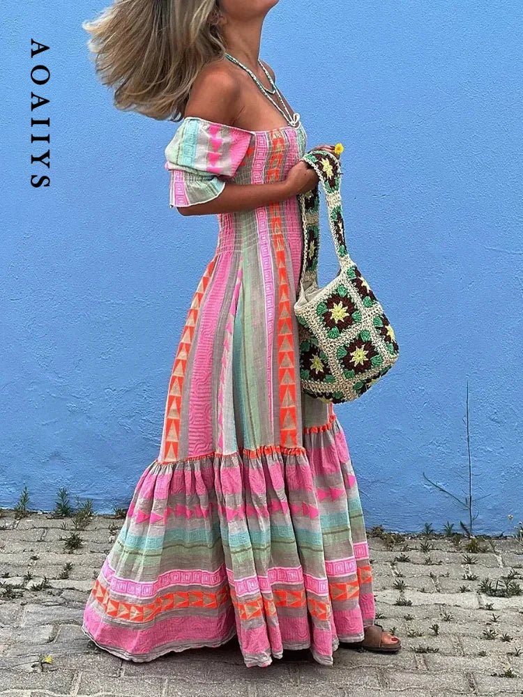 customized - Aoaiiys Dress for Women Spliced Print Pleated Casual Dresses 2024 Summer New Streetwear Elegant Female High Waist Loose Dress - Boho Eco Boutique™ - customized - Boho Eco Boutique™ - Pink - M -