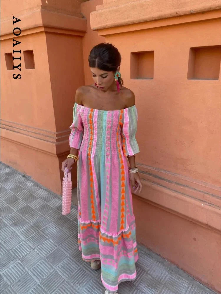 customized - Aoaiiys Dress for Women Spliced Print Pleated Casual Dresses 2024 Summer New Streetwear Elegant Female High Waist Loose Dress - Boho Eco Boutique™ - customized - Boho Eco Boutique™ - Pink - M -