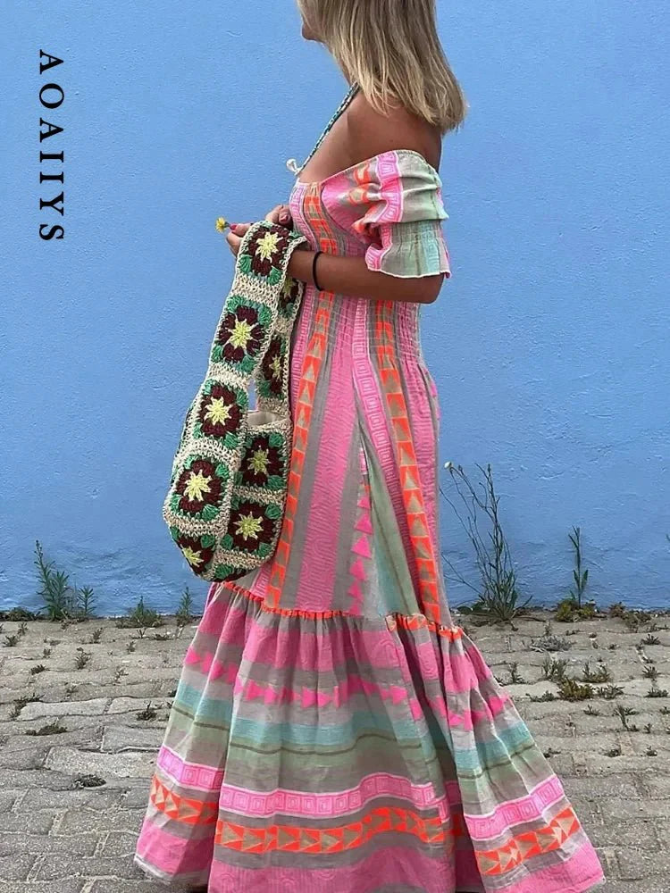 customized - Aoaiiys Dress for Women Spliced Print Pleated Casual Dresses 2024 Summer New Streetwear Elegant Female High Waist Loose Dress - Boho Eco Boutique™ - customized - Boho Eco Boutique™ - Pink - M -