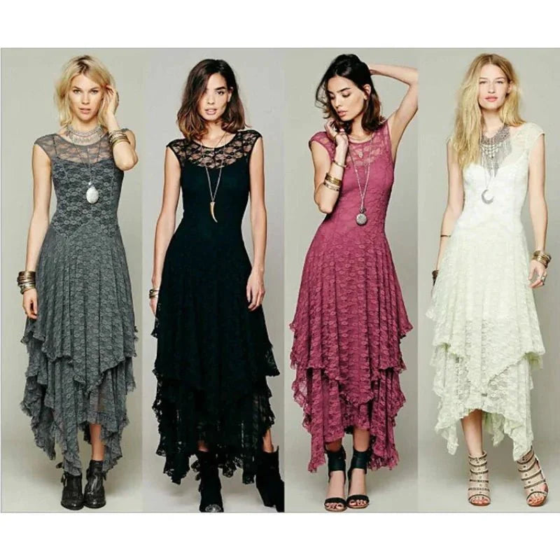 dress - Asymmetric Hem Boho Lace Dress - Boho Eco Boutique™ - dress - Boho Eco Boutique™ - Grey - 4 Extra Large -