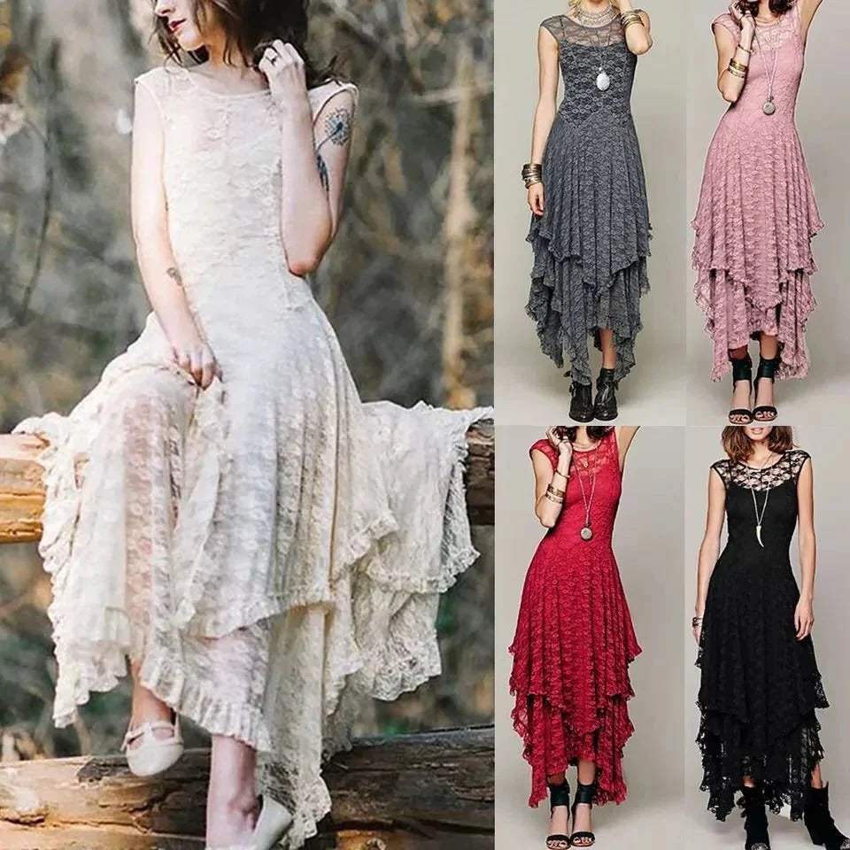 dress - Asymmetric Hem Boho Lace Dress - Boho Eco Boutique™ - dress - Boho Eco Boutique™ - Grey - 4 Extra Large -