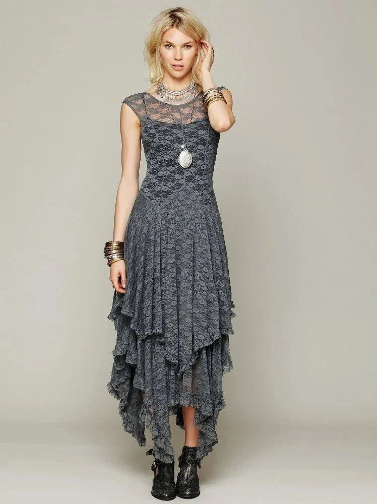 dress - Asymmetric Hem Boho Lace Dress - Boho Eco Boutique™ - dress - Boho Eco Boutique™ - Grey - 4 Extra Large -