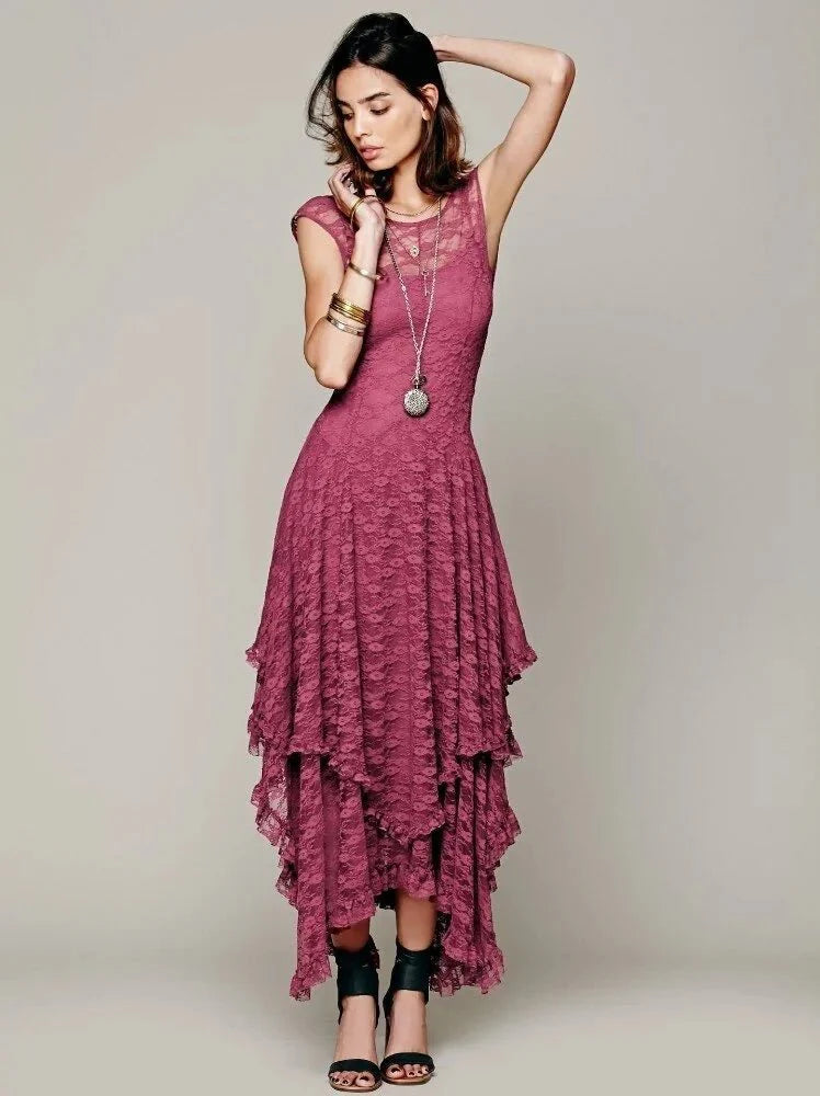 dress - Asymmetric Hem Boho Lace Dress - Boho Eco Boutique™ - dress - Boho Eco Boutique™ - Grey - 4 Extra Large -