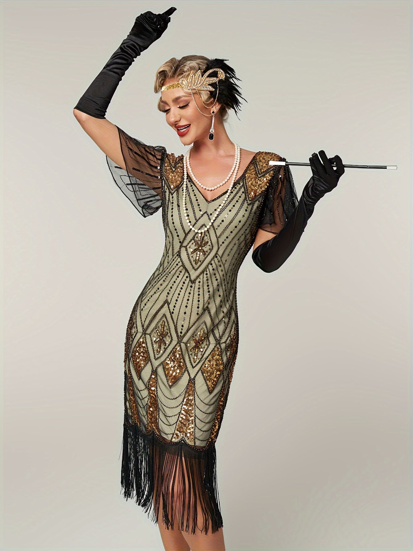 Sparkling Vintage Sequin V-Neck Midi Tunic Dress - Flapper-Inspired Comfort Fit with Fringe Hem, All-Season Women's Attire