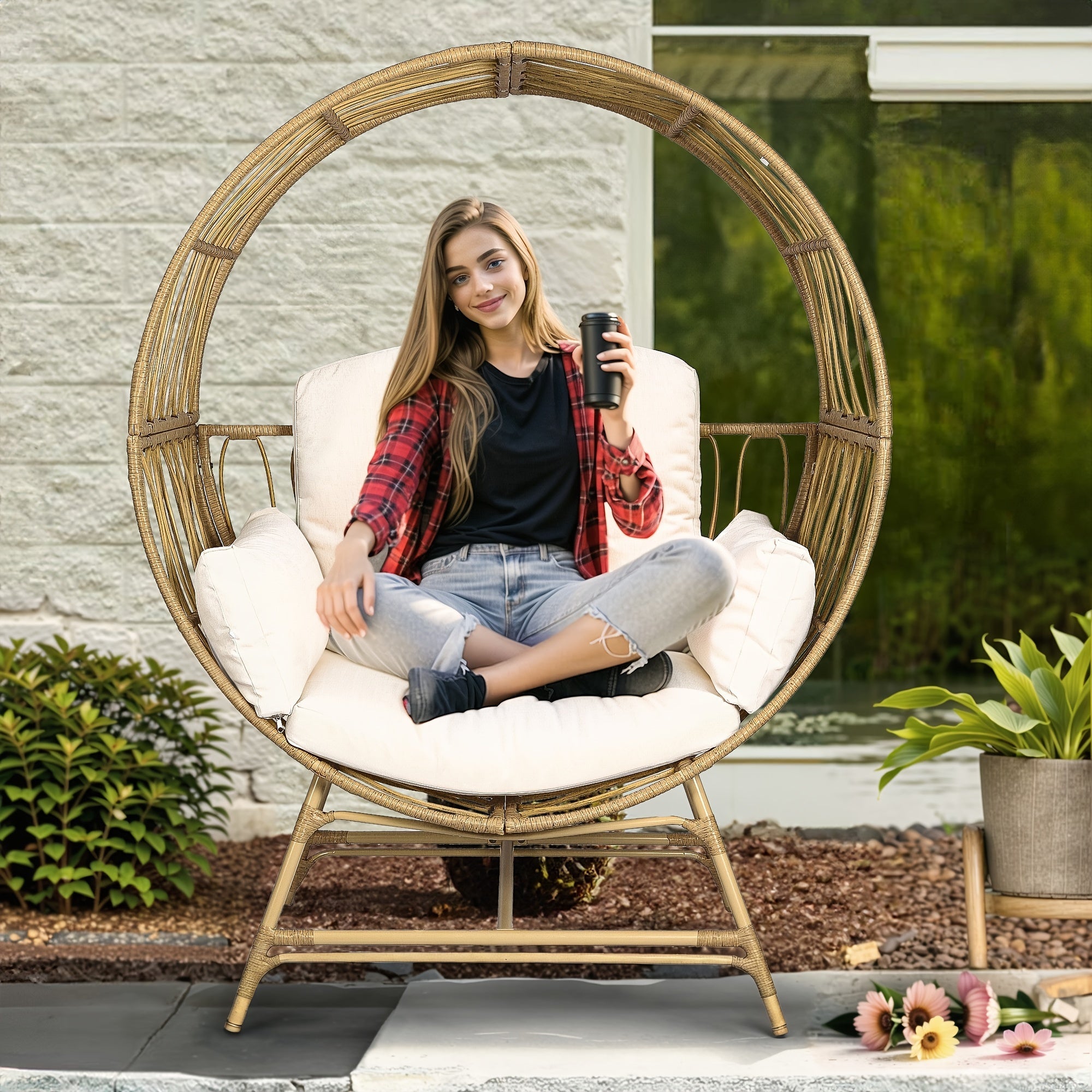 Bifanuo Egg Chair With Ottoman Outdoor Egg Dining Chair With Cushion Rattan Chair Wicker Chair PE For Patio Garden