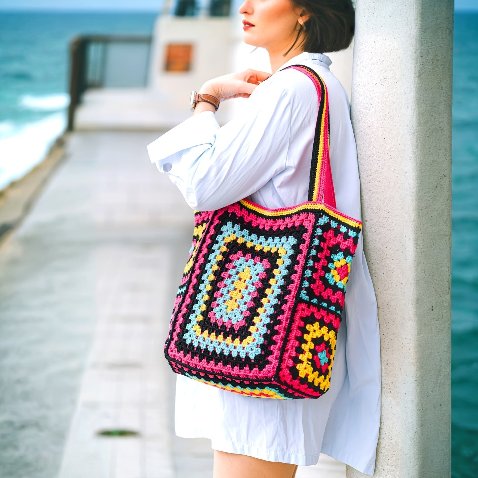 customized - Bohemian Chic Crochet Tote Bag Handcrafted Stylish - Boho Eco Boutique™ - customized - Boho Eco Boutique™ - 1pc - Macaron Color -