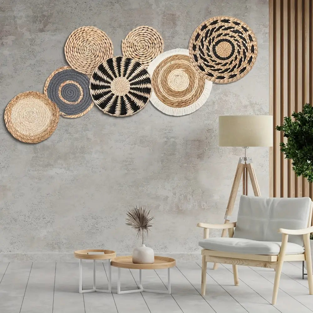 Bohemian Chic Wall Basket Set - 7pcs Handcrafted Woven Sea Grass Decor - Perfect for Eco-Friendly Wall Art & Home