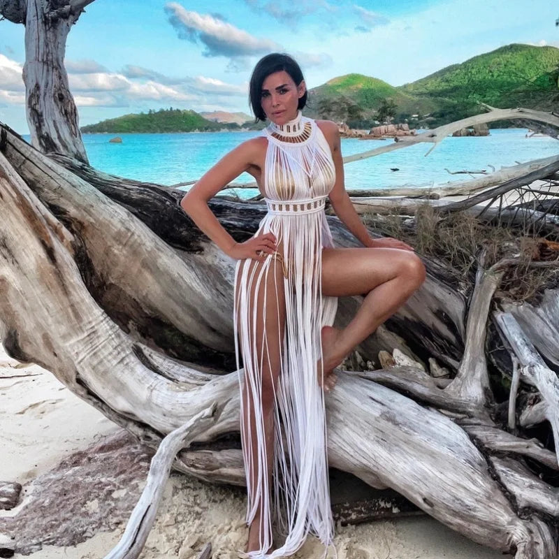 Bohemian Crochet Tassel Halter Neck Beach Cover-Up – Backless Maxi Dress - Cover-up