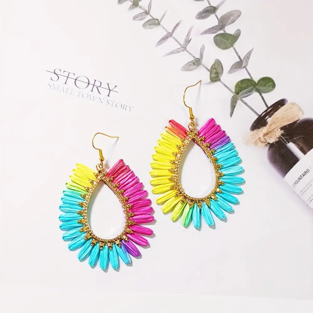 Bohemian Raffia Tassel Earrings - Handcrafted Colorful Candy Drop Dangle Earrings with Geometric Stone Ear Hooks