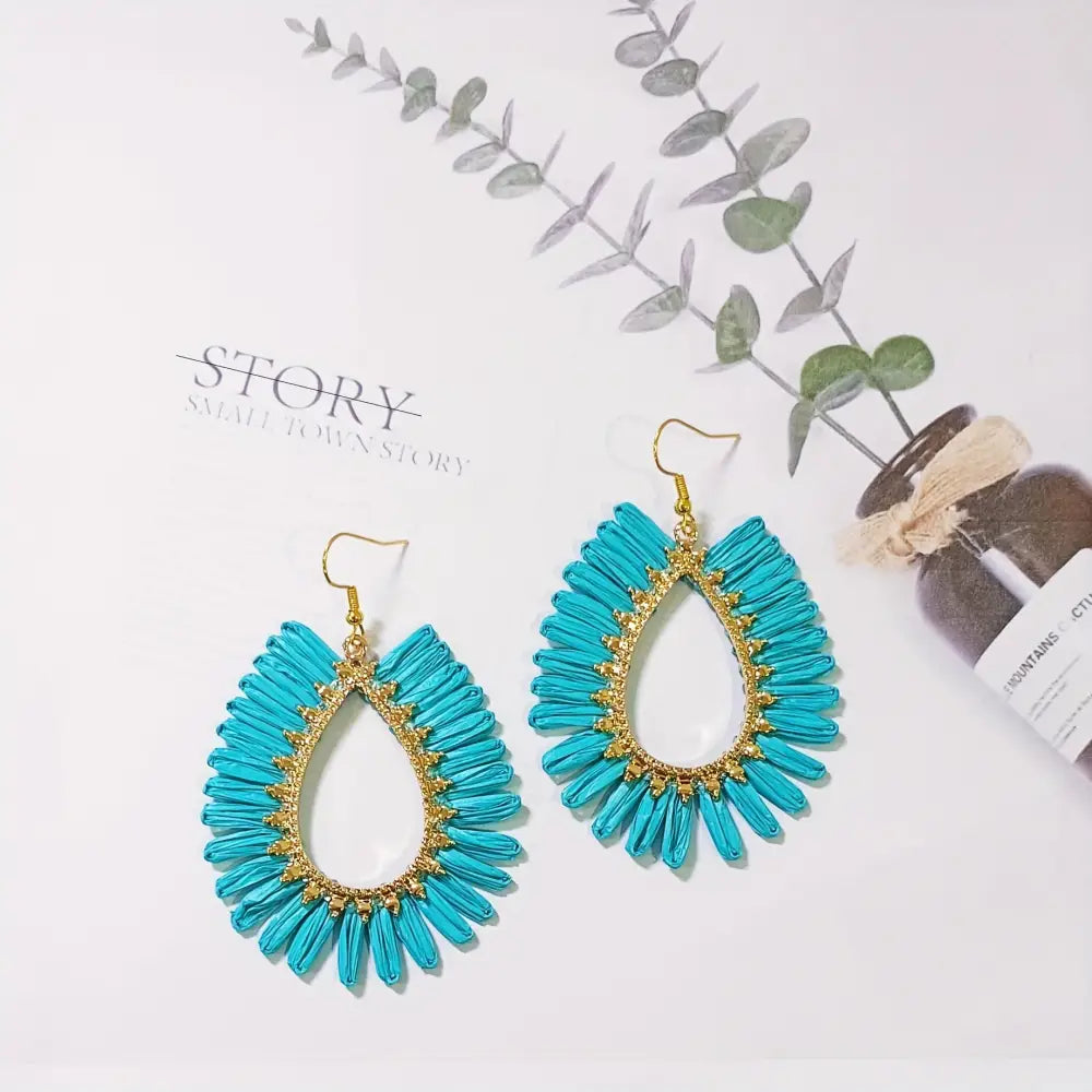 Bohemian Raffia Tassel Earrings - Handcrafted Colorful Candy Drop Dangle Earrings with Geometric Stone Ear Hooks
