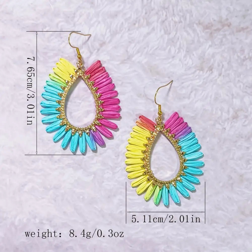 Bohemian Raffia Tassel Earrings - Handcrafted Colorful Candy Drop Dangle Earrings with Geometric Stone Ear Hooks