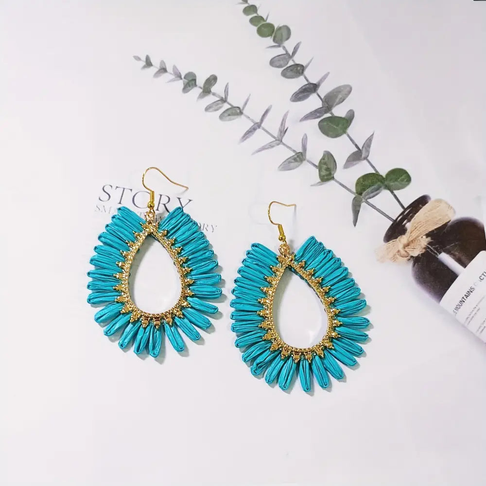 Bohemian Raffia Tassel Earrings - Handcrafted Colorful Candy Drop Dangle Earrings with Geometric Stone Ear Hooks
