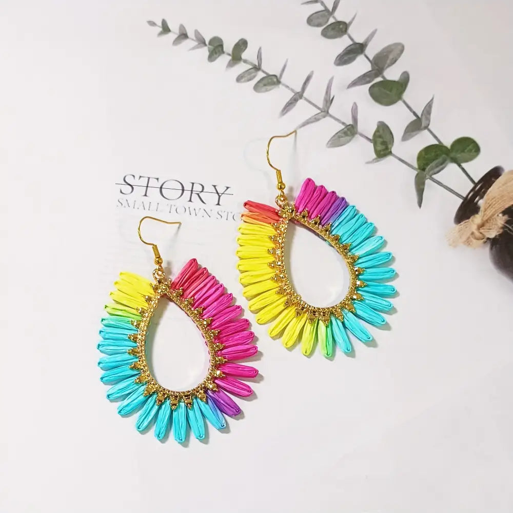 Bohemian Raffia Tassel Earrings - Handcrafted Colorful Candy Drop Dangle Earrings with Geometric Stone Ear Hooks