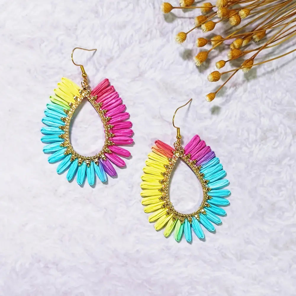 Bohemian Raffia Tassel Earrings - Handcrafted Colorful Candy Drop Dangle Earrings with Geometric Stone Ear Hooks