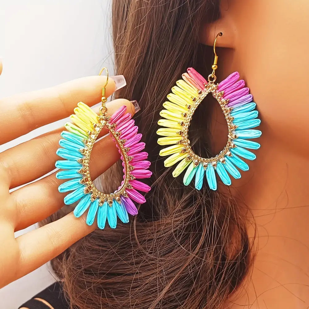 Bohemian Raffia Tassel Earrings - Handcrafted Colorful Candy Drop Dangle Earrings with Geometric Stone Ear Hooks