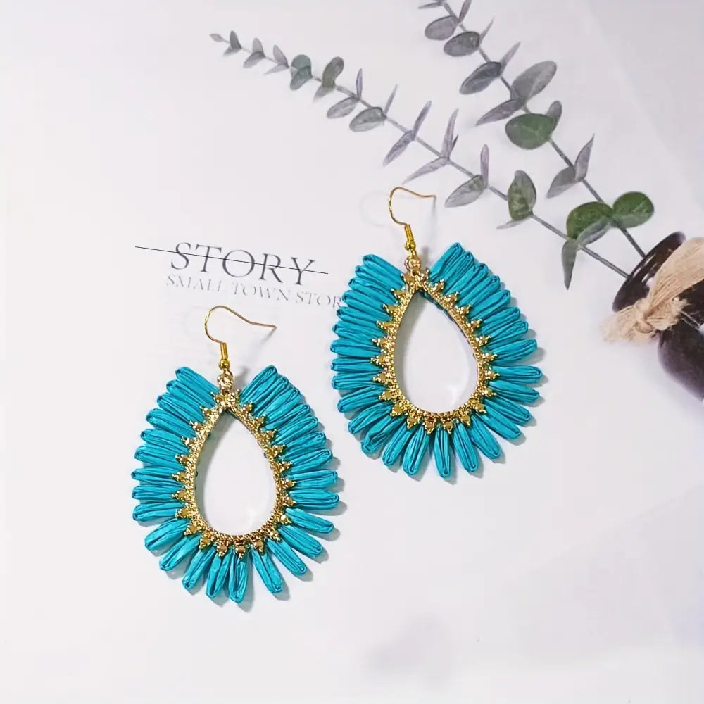 Bohemian Raffia Tassel Earrings - Handcrafted Colorful Candy Drop Dangle Earrings with Geometric Stone Ear Hooks