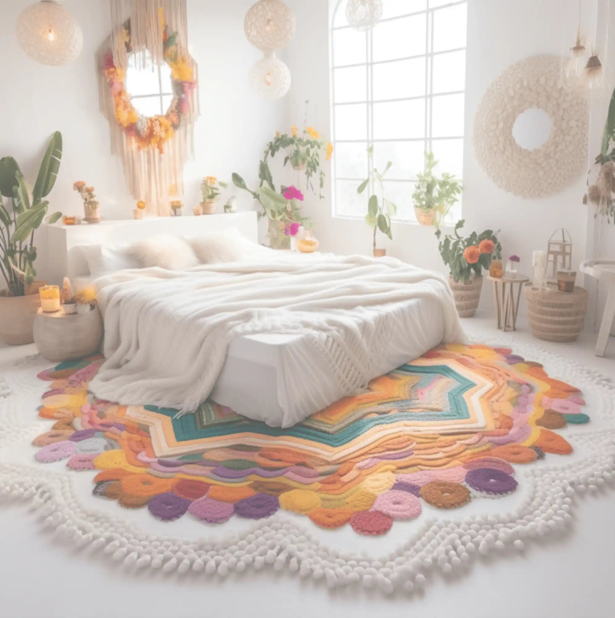 Bohemian-style bedroom with colorful rug.
