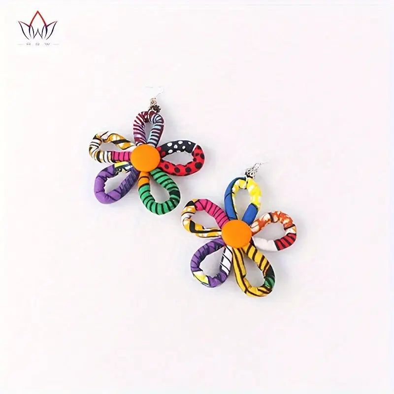 Bohemian Style Flower Dangle Earrings - Colorful Print Cotton Rope with Stainless Steel Hooks Perfect for Festive