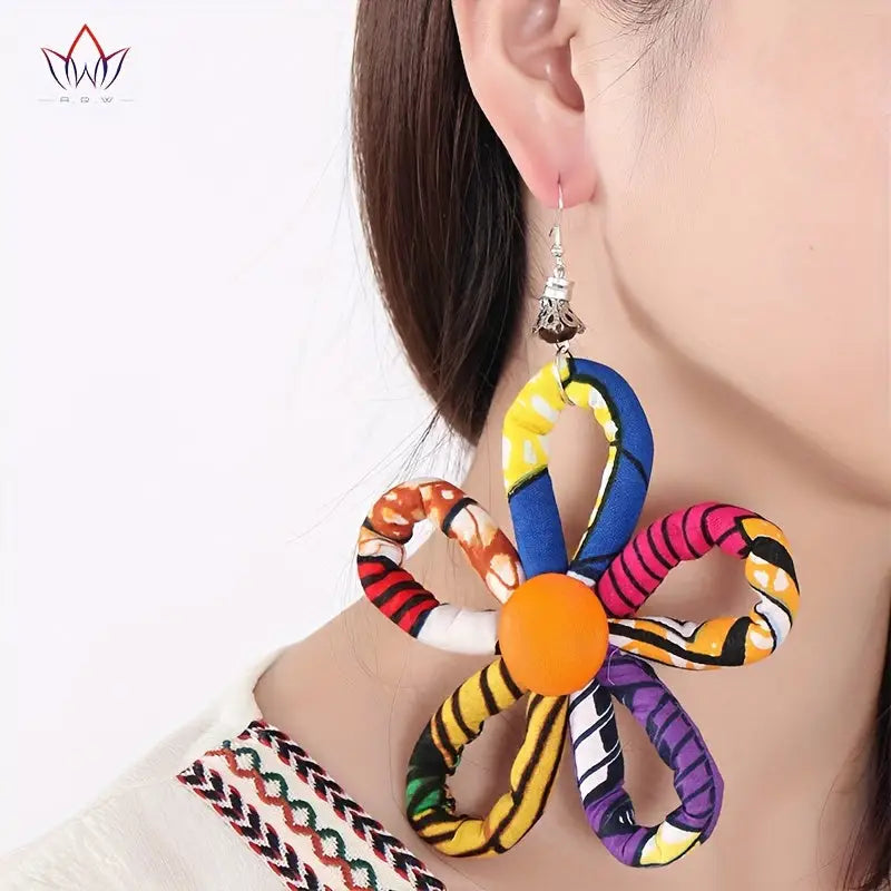 Bohemian Style Flower Dangle Earrings - Colorful Print Cotton Rope with Stainless Steel Hooks Perfect for Festive