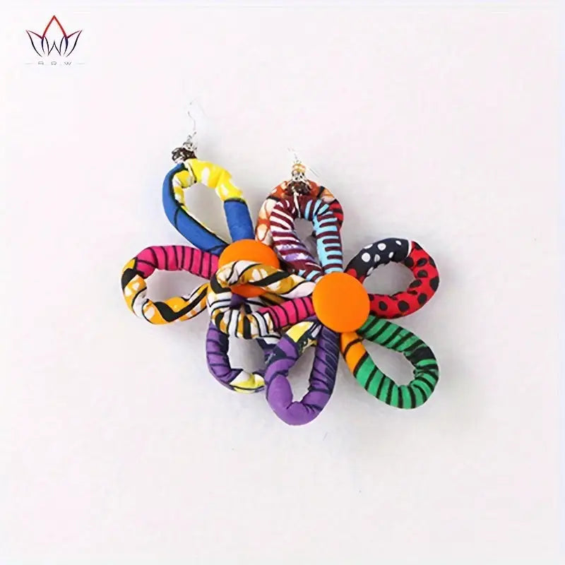 Bohemian Style Flower Dangle Earrings - Colorful Print Cotton Rope with Stainless Steel Hooks Perfect for Festive