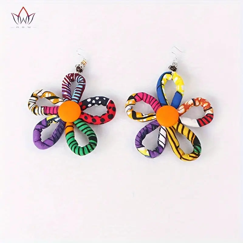 Bohemian Style Flower Dangle Earrings - Colorful Print Cotton Rope with Stainless Steel Hooks Perfect for Festive