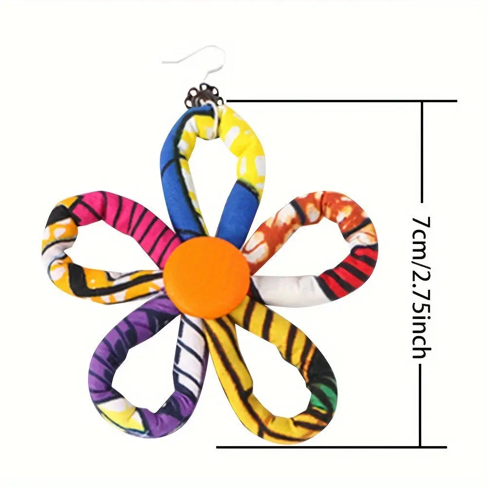 Bohemian Style Flower Dangle Earrings - Colorful Print Cotton Rope with Stainless Steel Hooks Perfect for Festive