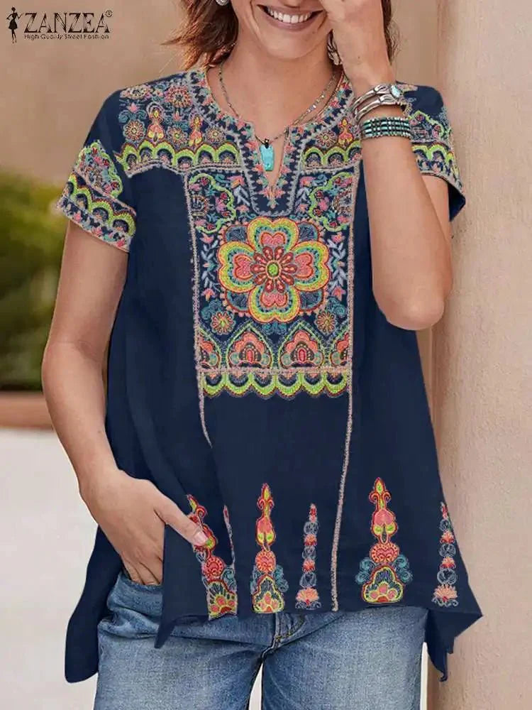 customized - Bohemian Summer Floral Printed Blouse ZANZEA Women Short Sleeve Holiday Shirt Casual Beach Tunic Tops Female Loose Blusas Mujer - Boho Eco Boutique™ - customized - Boho Eco Boutique™ - WHITE - M -