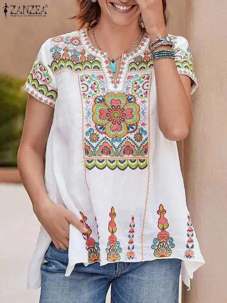 customized - Bohemian Summer Floral Printed Blouse ZANZEA Women Short Sleeve Holiday Shirt Casual Beach Tunic Tops Female Loose Blusas Mujer - Boho Eco Boutique™ - customized - Boho Eco Boutique™ - WHITE - M -